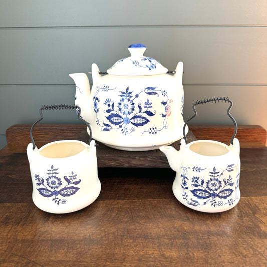 Vintage Blue Onion Pattern Tea Set with Wire Spring Handle