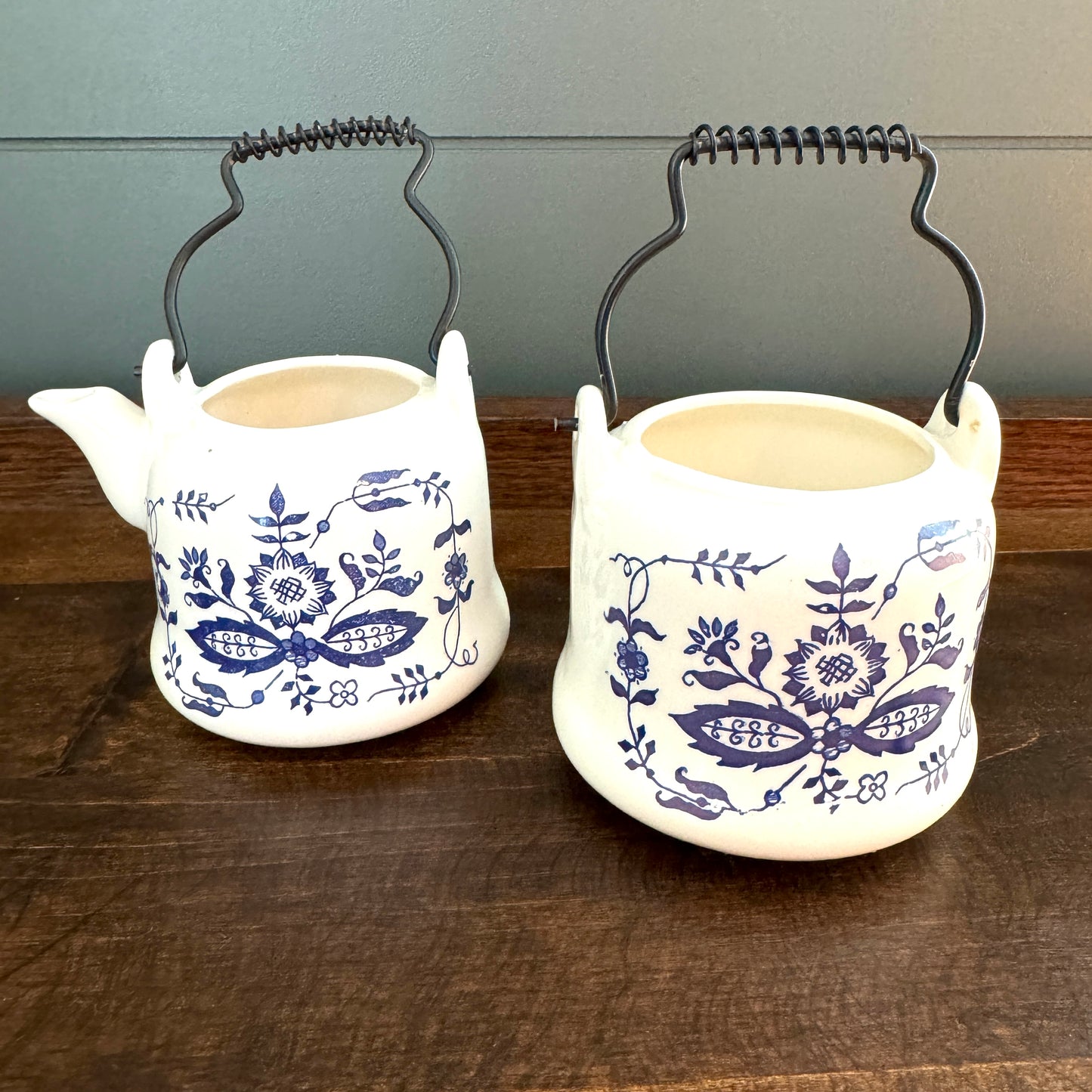 Vintage Blue Onion Pattern Tea Set with Wire Spring Handle