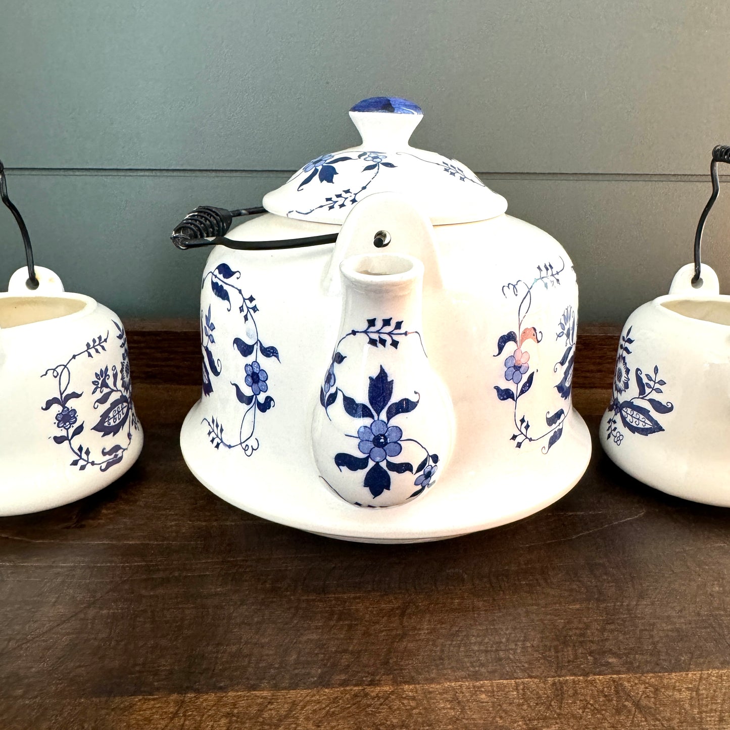 Vintage Blue Onion Pattern Tea Set with Wire Spring Handle