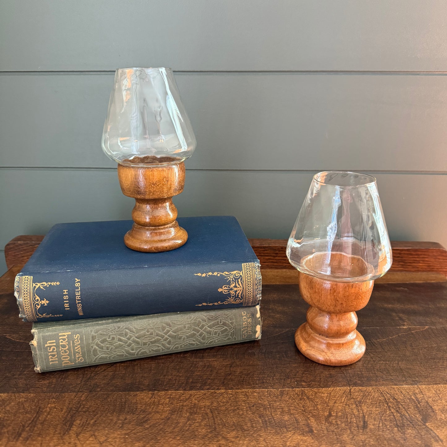 Pair of Vintage Wood and Clear Swirl Glass Pedestal Hurricane Lanterns