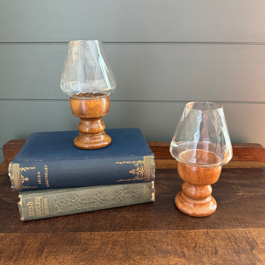 Pair of Vintage Wood and Clear Swirl Glass Pedestal Hurricane Lanterns