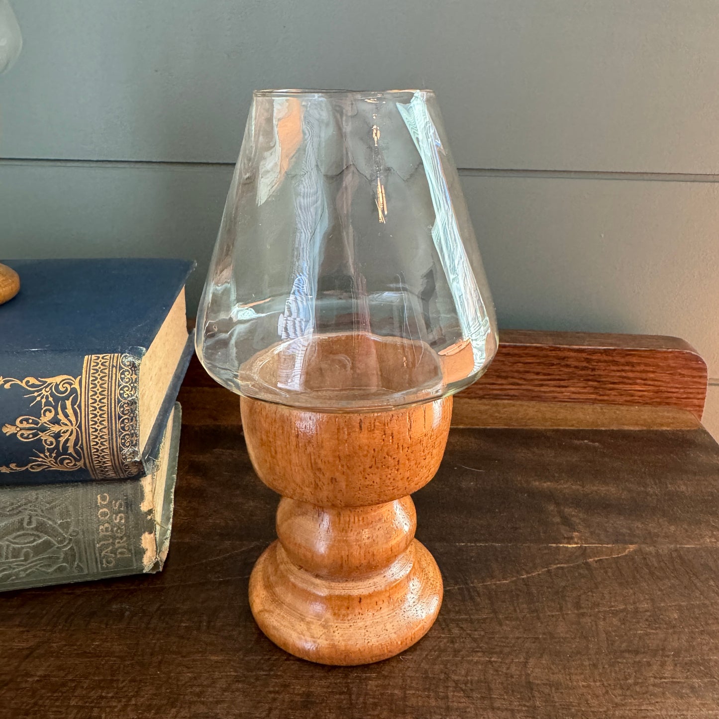 Pair of Vintage Wood and Clear Swirl Glass Pedestal Hurricane Lanterns