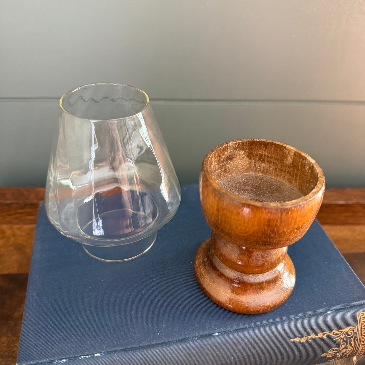 Pair of Vintage Wood and Clear Swirl Glass Pedestal Hurricane Lanterns