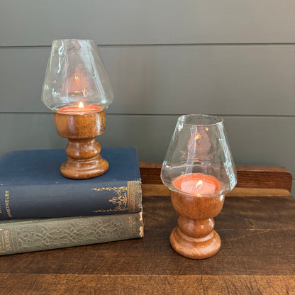 Pair of Vintage Wood and Clear Swirl Glass Pedestal Hurricane Lanterns