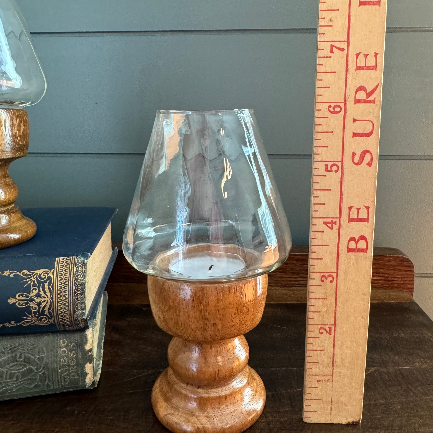 Pair of Vintage Wood and Clear Swirl Glass Pedestal Hurricane Lanterns