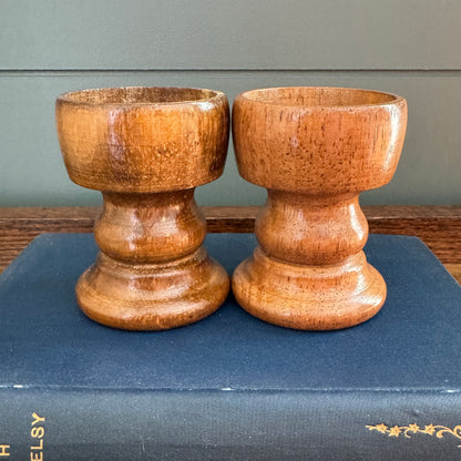 Pair of Vintage Wood and Clear Swirl Glass Pedestal Hurricane Lanterns