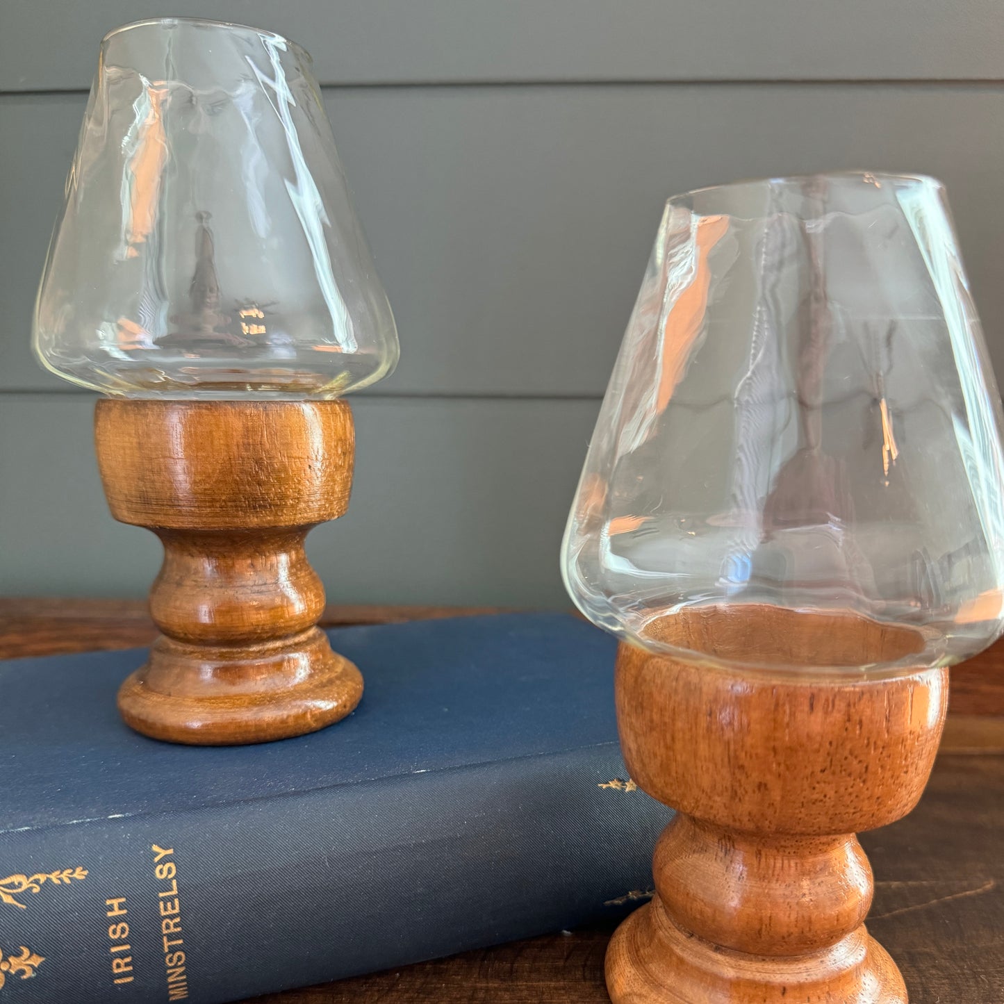 Pair of Vintage Wood and Clear Swirl Glass Pedestal Hurricane Lanterns