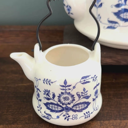 Vintage Blue Onion Pattern Tea Set with Wire Spring Handle