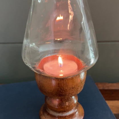 Pair of Vintage Wood and Clear Swirl Glass Pedestal Hurricane Lanterns